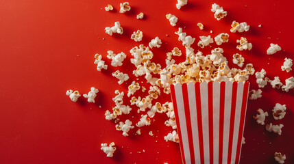 Spilled Popcorn: The foreground showcases a box of popcorn overturned, with popcorn kernels scattered across the scarlet gray, gold, and silver background. The popcorn is golden and fluffy, contrastin