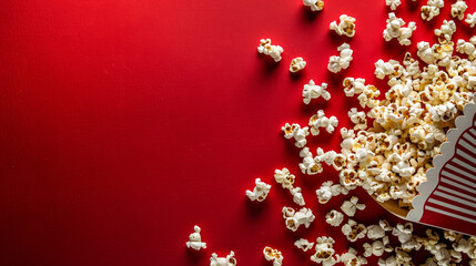 Spilled Popcorn: The foreground showcases a box of popcorn overturned, with popcorn kernels scattered across the scarlet gray, gold, and silver background. The popcorn is golden and fluffy, contrastin