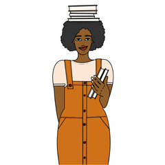 jeune femme noire cheveux afro livres rentrée des classes étudiante sourire vecteur