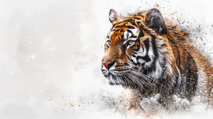 A fierce tiger in detailed watercolor, showcasing its stripes and intense gaze. The white background and soft lighting create an elegant presentation.