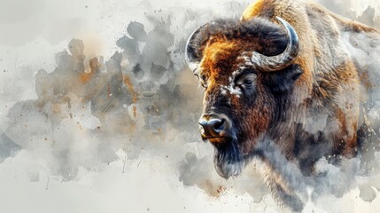 A sturdy buffalo in detailed watercolor, showcasing its facial features and fur. The white background adds elegance.