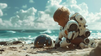 Toddler playing with a robotic pet dog, beach, child giggling, robot dog performing tricks, sand.