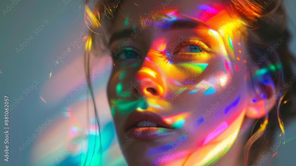 Poster a woman's face is illuminated by a cascade of colorful lights, creating a dynamic and abstract portr