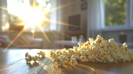 Homemade Popcorn: The foreground showcases a bowl or container filled with freshly made popcorn. The popcorn kernels are fluffy and golden-brown, hinting at their delicious aroma.

