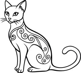 decorative cat line art illustration black and white. pets, shorthair, tail, red, purebred, british, posing, paw,