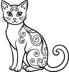 decorative cat line art illustration black and white. pets, shorthair, tail, red, purebred, british, posing, paw,