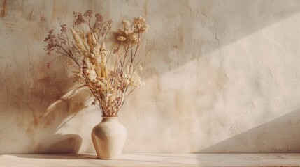 Vintage vase with dried florals on a tabletop Grains florals and grasses in vases Vintage interior design with empty space Minimal modern interior decor