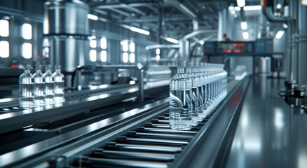 Fototapeta premium modern water bottle production line with the bottles moving along on conveyors, surrounded by advanced machinery and technology