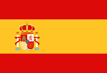 Spanish Flag with coat of arms with crowns, a lion and a castle on the background of a shield.
