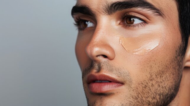 A man with brown eyes looks away from the camera while applying light makeup to his face. - Powered by Adobe
