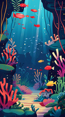 Underwater scene in a flat design style cartoon children illustration
