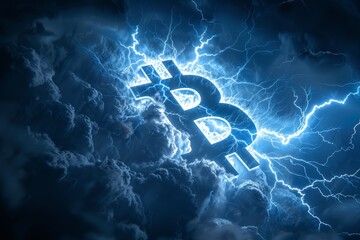 Flashing Bitcoin symbol covered in clouds against a dark blue sky. 