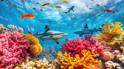 A group of reef sharks patrolling the coral reef, Hd Background