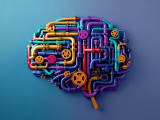 Colorful Brain-Shaped Network of Pipes and Gears on Blue Background