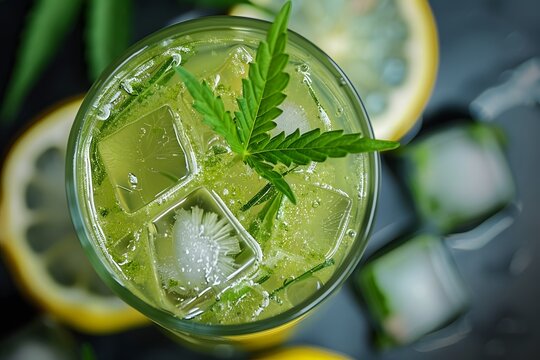 A close-up of a cannabis-infused beverage with ice cubes and a lemon slice, capturing the refreshing and modern presentation