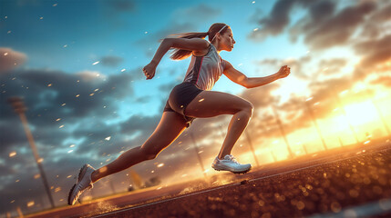 Female athlete sprinting on track at sunset, fitness and training, outdoor exercise, active lifestyle, athletic performance
