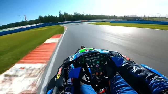 man karting on a track at full speed with helmet in driver suit