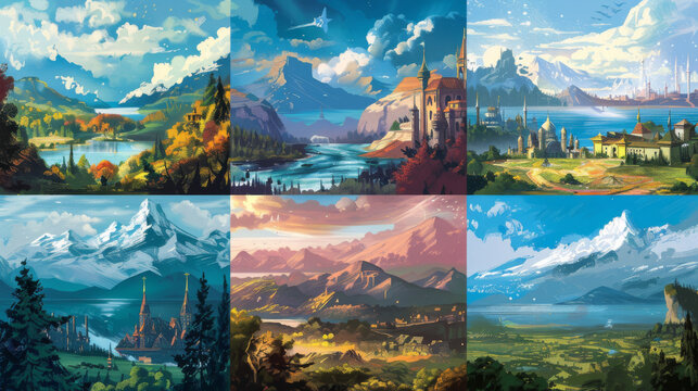 Various landscapes to depict different parts of the journey, such as mountains, forests, deserts, beaches, cities, and small towns. Highlight the diversity and beauty of each environment