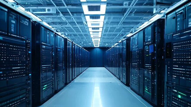 Modern Data Technology Center Server Racks in Dark Room