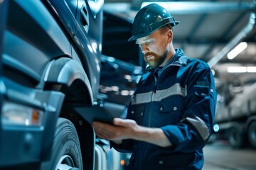 A truck mechanic in a blue uniform and hard hat examines a semi-trailer truck using a tablet computer.