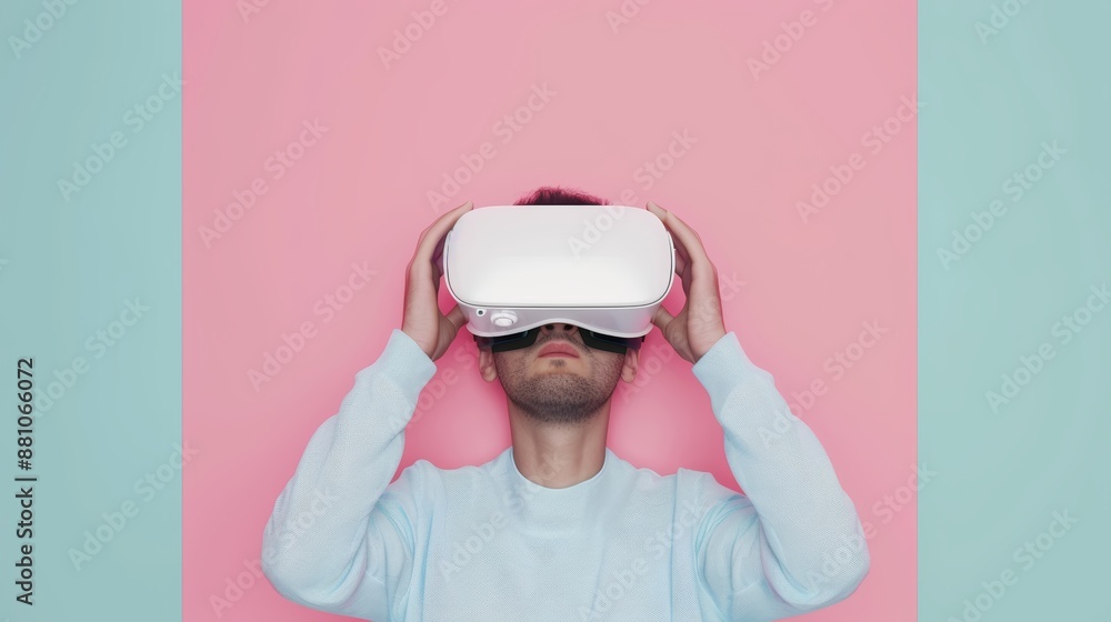 Poster man playing with vr goggles flat design top view new technology abstract concept theme 3d render tri
