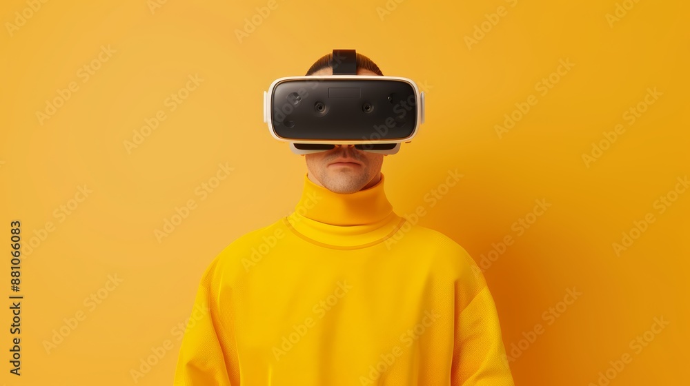 Poster man playing with vr goggles flat design top view new technology abstract concept theme 3d render tri