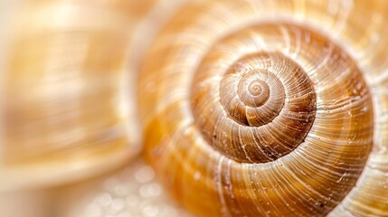 Macro shot of a snail shell, focusing on the detailed spirals and unique textures, ultra-realistic and cinematic, capturing nature's artistry