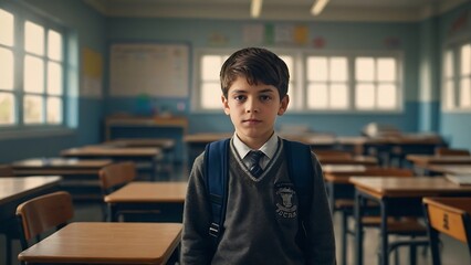 Obraz premium Happy student modern school boy wearing uniform holding books and bag, Back to school