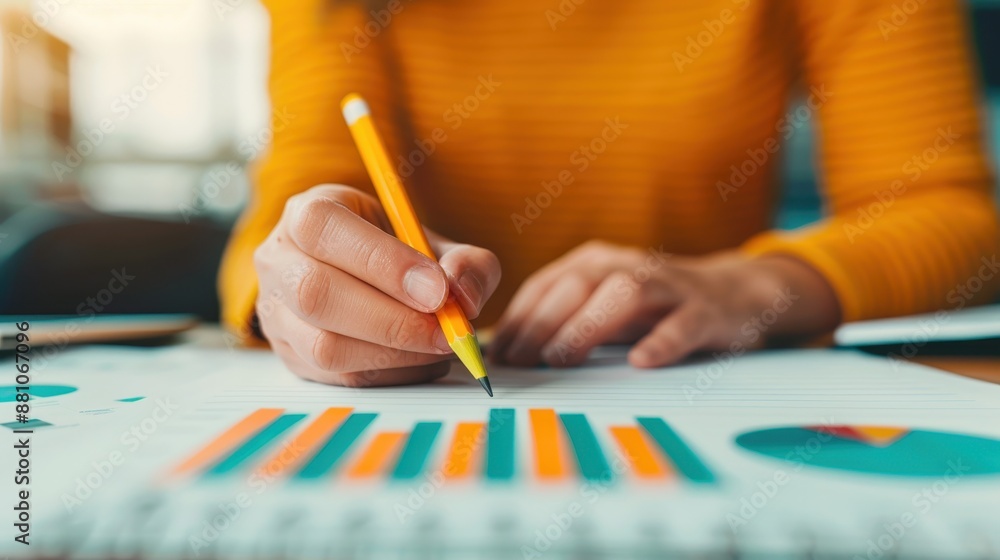 Poster hand of a person analyzing colorful charts and graphs with a pencil on a desk, representing data ana