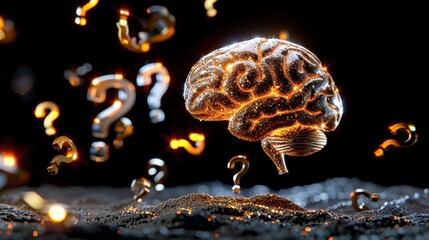 Glowing brain surrounded by question marks, symbolizing knowledge, curiosity, and the complexity of human thought and cognitive processes.