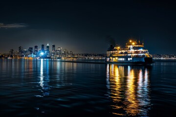 A ferry illuminated with warm lights sails away from a brightly lit cityscape under a starry sky.