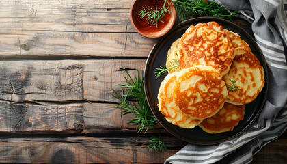 Fried potato pancakes on the old wooden background
