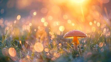 Dew-covered mushroom in a sunlit meadow. Concept of nature, fungi, morning dew, natural beauty. Copy space