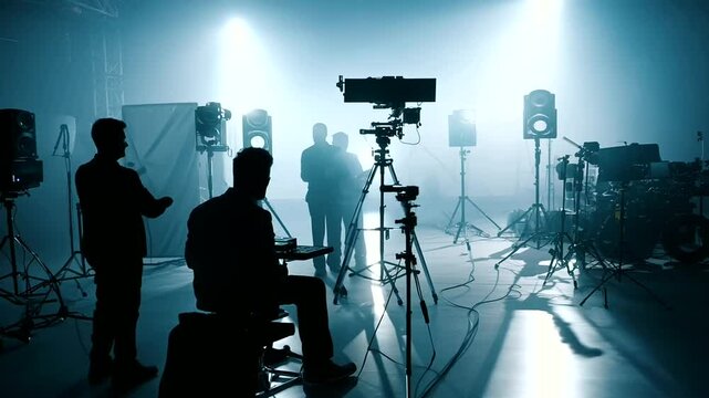 working people silhouette behind the scenes. Movie making lighting set professional studio production