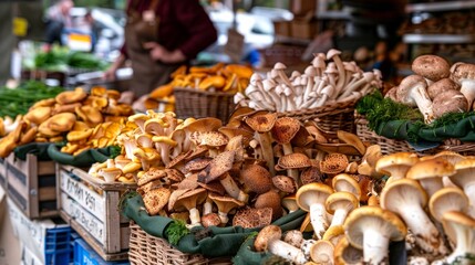 Fototapeta na wymiar Asian market stall with various mushrooms on display. Concept of street market, variety of mushrooms, local food, outdoor shopping