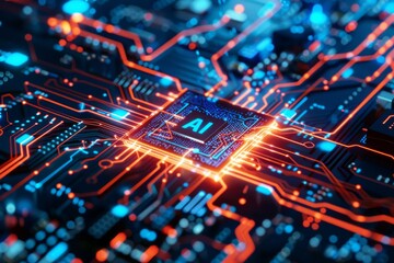 Obraz premium A close-up of an AI chip on a circuit board, with glowing orange and blue lines representing data flow.