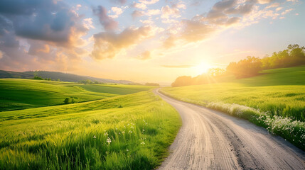 Fototapeta premium Beautiful summer rural landscape, Panorama of summer green field with Empty road and Sunset cloudy sky 