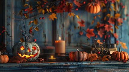 Halloween themed mantle decor with pumpkins and candle