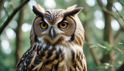 Obraz premium A great horned owl with its distinctive facial disk and tufted ears, sitting on a tree branch during the day