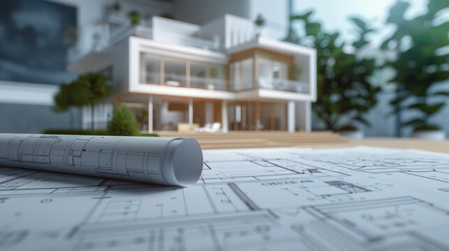 Modern Architectural Design: Blueprint and Scale Model of Contemporary Luxury Home