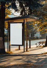 Empty Bus Stop Billboard on a Quiet Autumn Morning in a Small Town