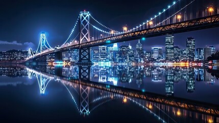 Low angle view of illuminated bridge at night. AI generated illustration