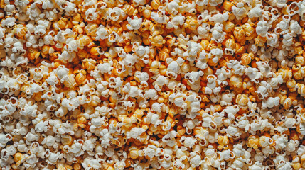 Background of Lots of Popcorn: The entire frame is filled with fluffy, golden-yellow popcorn, creating a rich and textured background. Each popcorn kernel is perfectly popped, showing off its crispy, 
