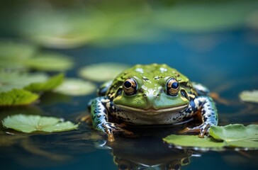 Close-up of green frog in pond water lily