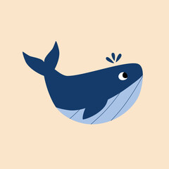 Cute  blue whale hand drawn vector illustration. Isolated funny ocean animal in flat style for kids poster or icon.
