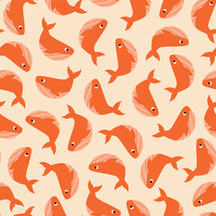 Adorable red whales hand drawn vector illustration. Funny fish seamless pattern for kids fabric or wallpaper.