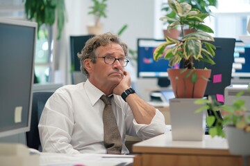 Thoughtful senior office worker sitting at desk in busy office