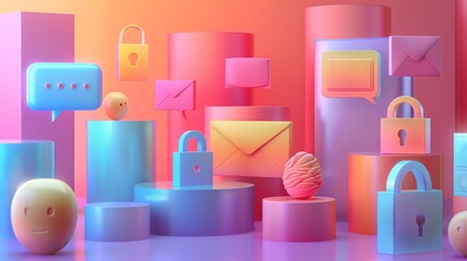 Abstract 3D Render with Colorful Geometric Shapes and Icons