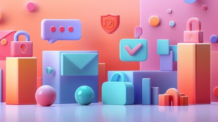 Abstract 3D Composition with Security Symbols and Geometric Shapes