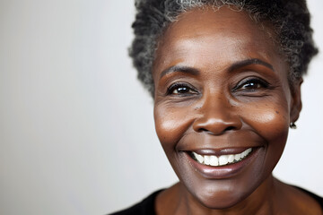 Obraz premium Closeup photo portrait of a happy beautiful elderly mature African American woman smiling isolated on white background